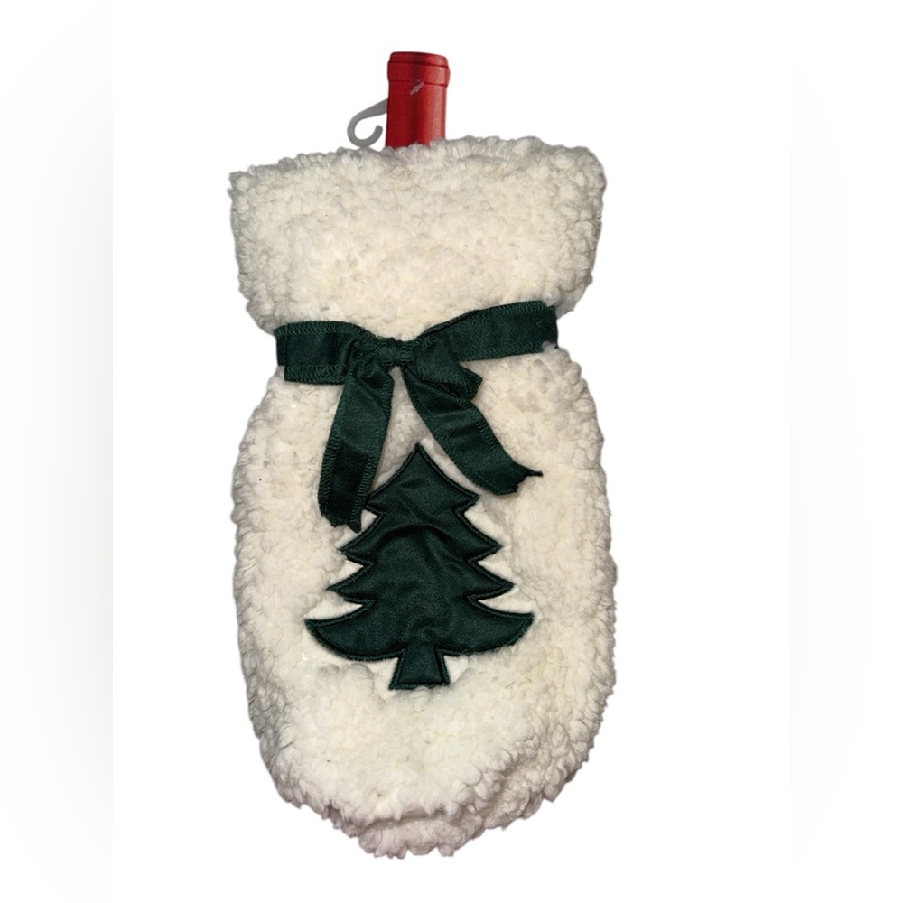 Wondershop Cream Sherpa Wine Bottle Stocking with Dark Green Tree